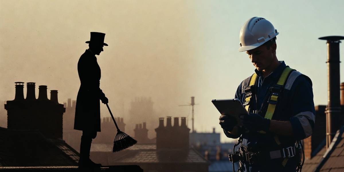 Victorian chimney sweep silhouette contrasted with modern technician
