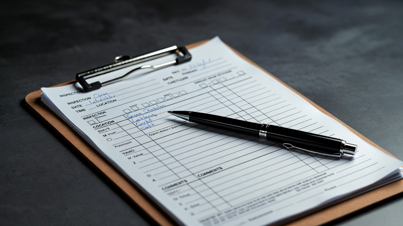 Inspection checklist and documentation on desk