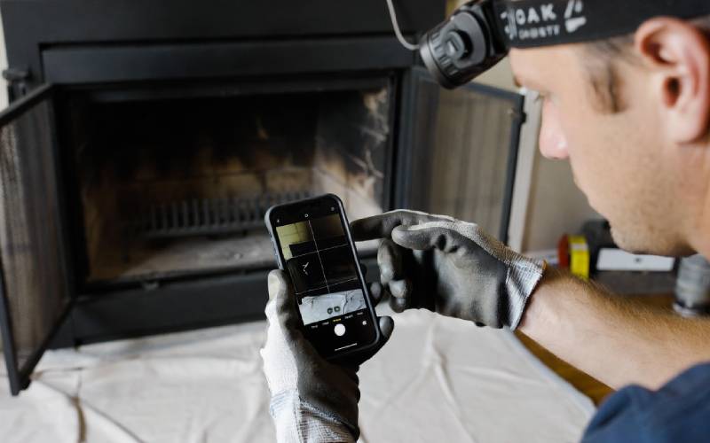 Chimney sweep documenting inspection with smartphone