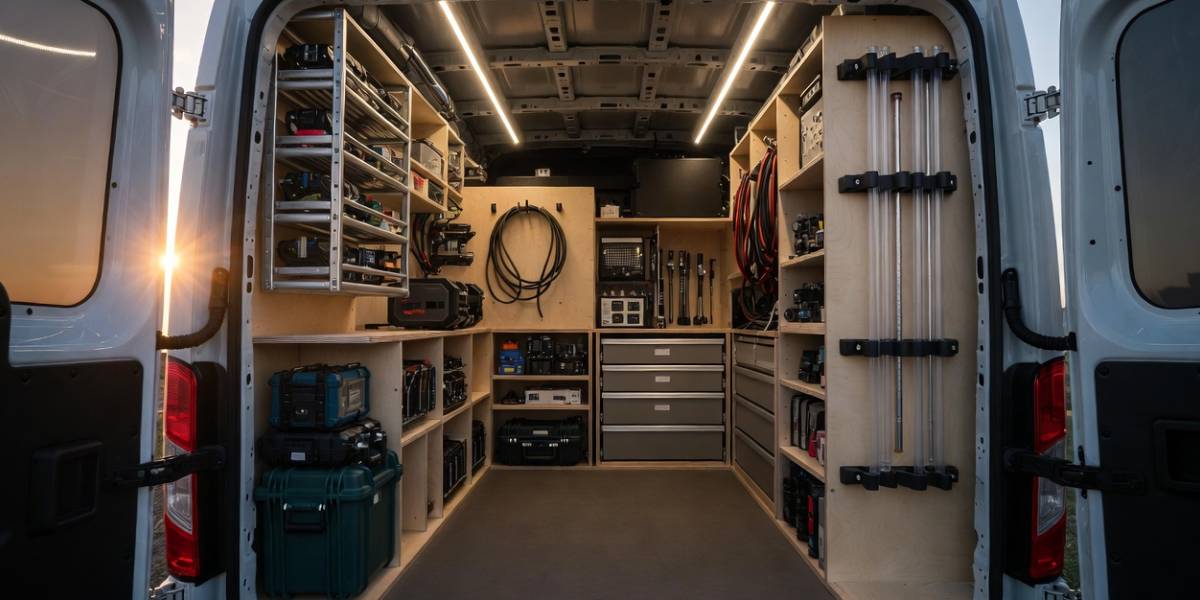 Interior of a fully-equipped professional service van with custom shelving and organized equipment
