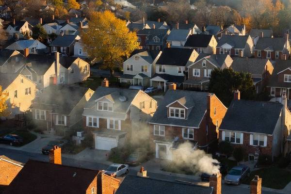 Residential neighborhood with chimneys