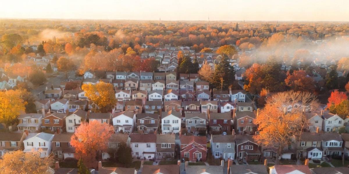 Aerial view of suburban neighborhood with chimneys