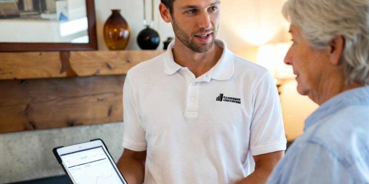 Chimney sweep showing inspection findings to homeowner