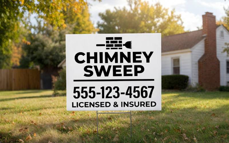 Chimney sweep yard sign in residential neighborhood