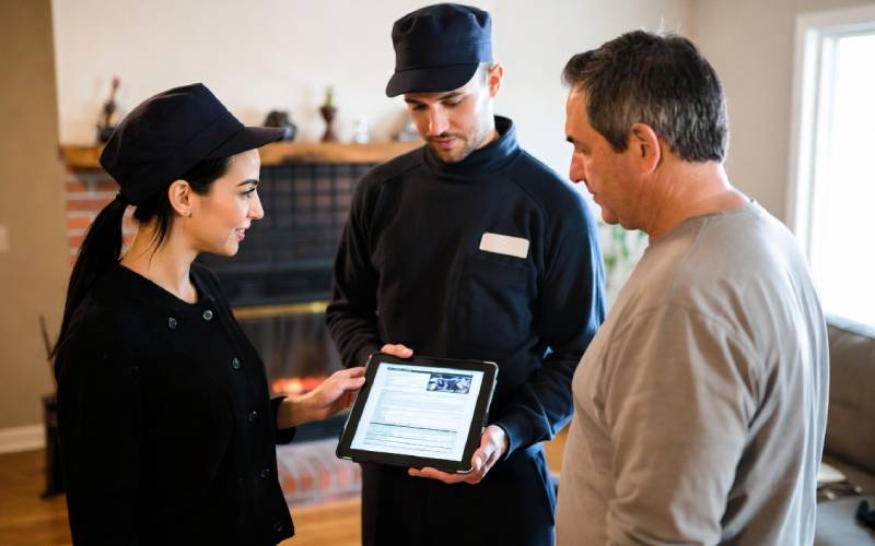 Chimney sweep presenting a professional inspection report to a homeowner on a tablet