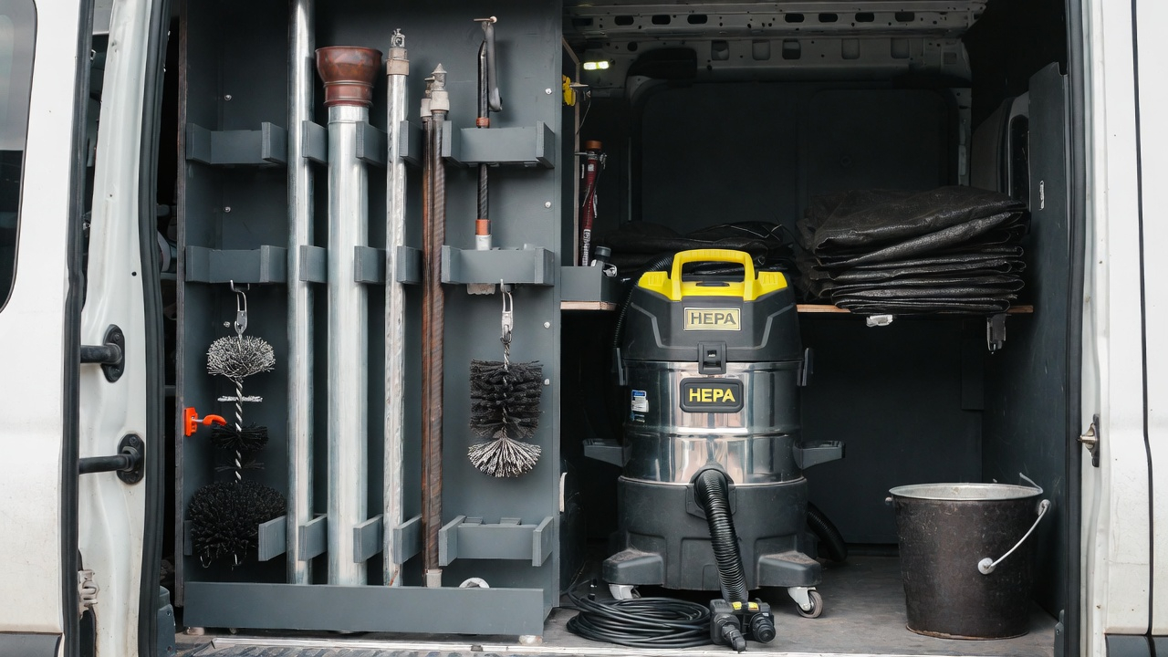Chimney sweep tools and equipment in service van