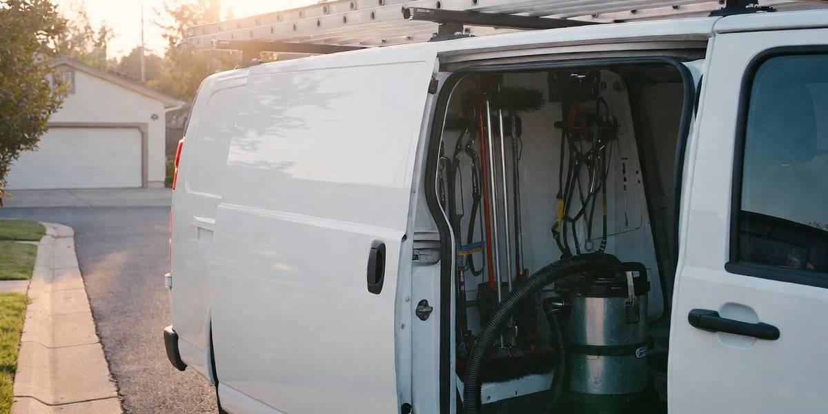 Professional chimney sweep work van with ladder rack