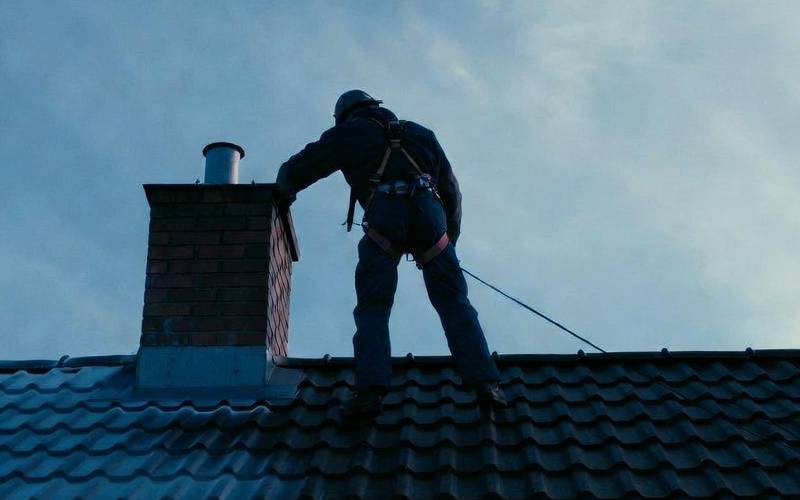 Chimney sweep working on a snowy rooftop