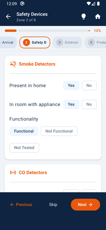 Safety devices checklist with dynamic Yes/No questions
