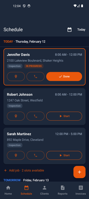 Schedule view with job status and quick-action buttons
