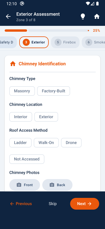 Exterior assessment with chimney type, location, and photo capture